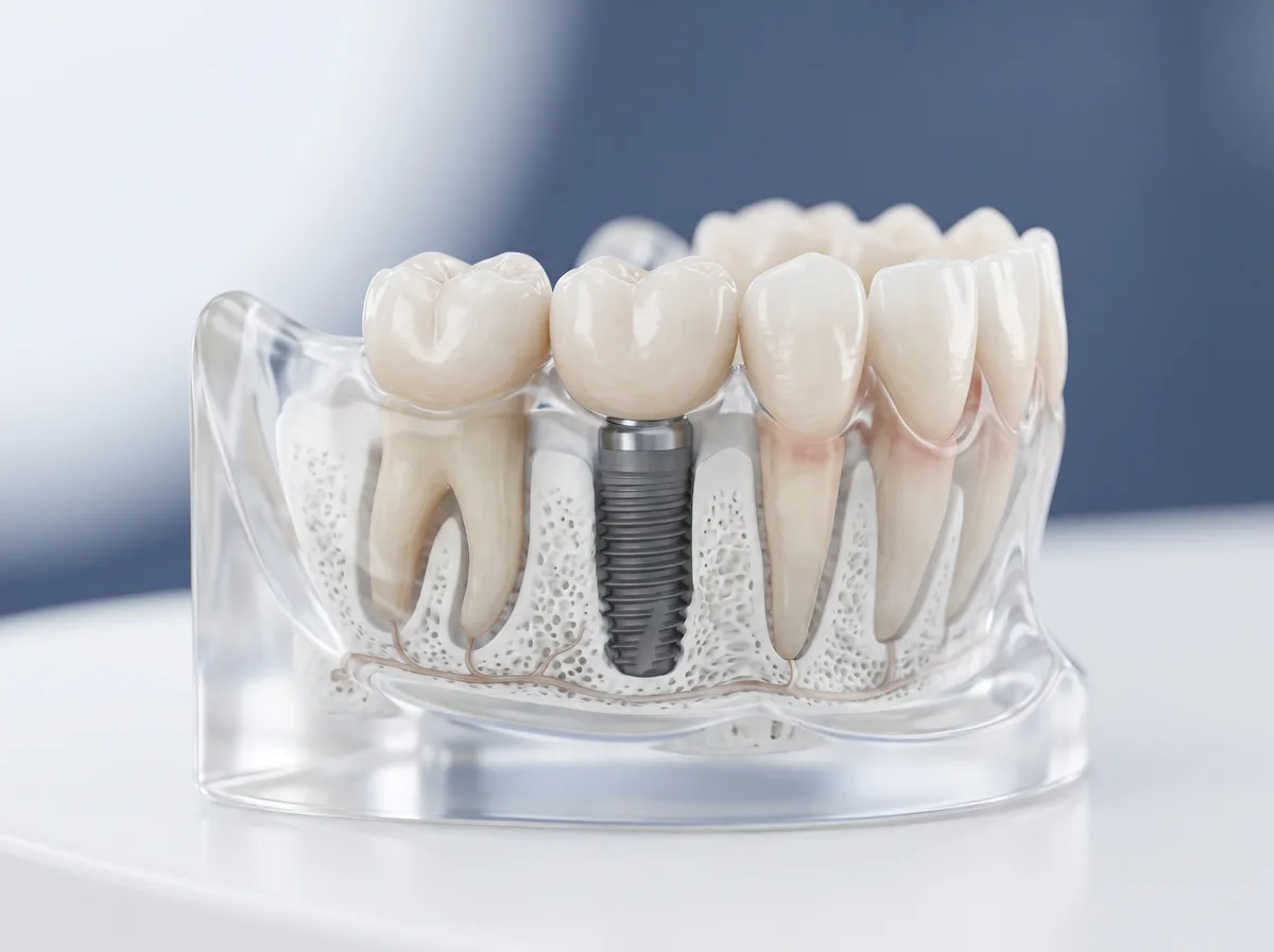 Modelo de un implante dental con corona entre dientes naturales